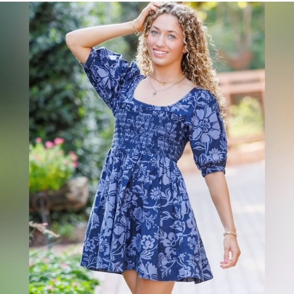 NWT Free People Dress -Dear Delilah Blue Floral Puff Sleeve Smocked - Size XS
